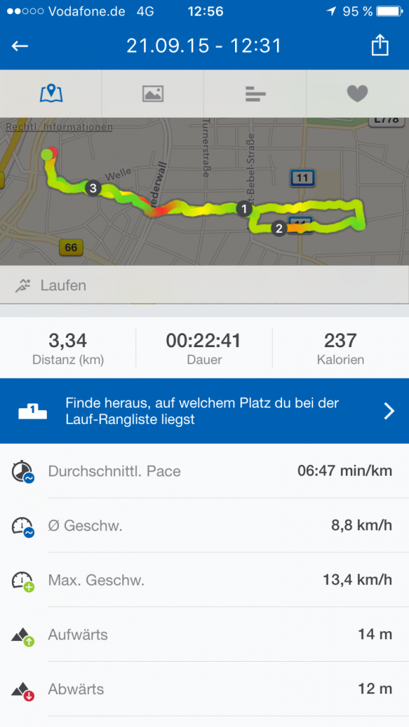 Jogging-Strecke und -Zeit von Dienstag. 